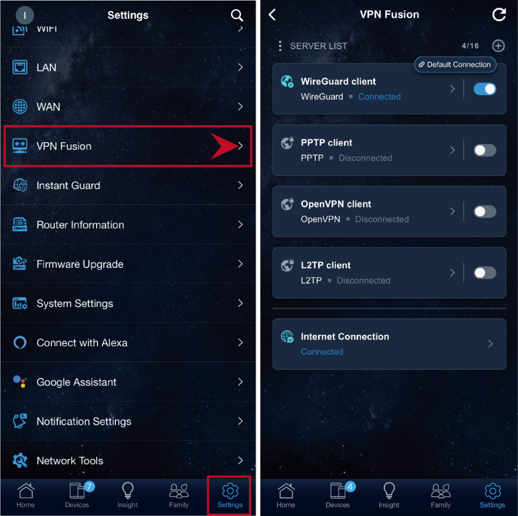 ASUS Router App Settings > VPN Fusion